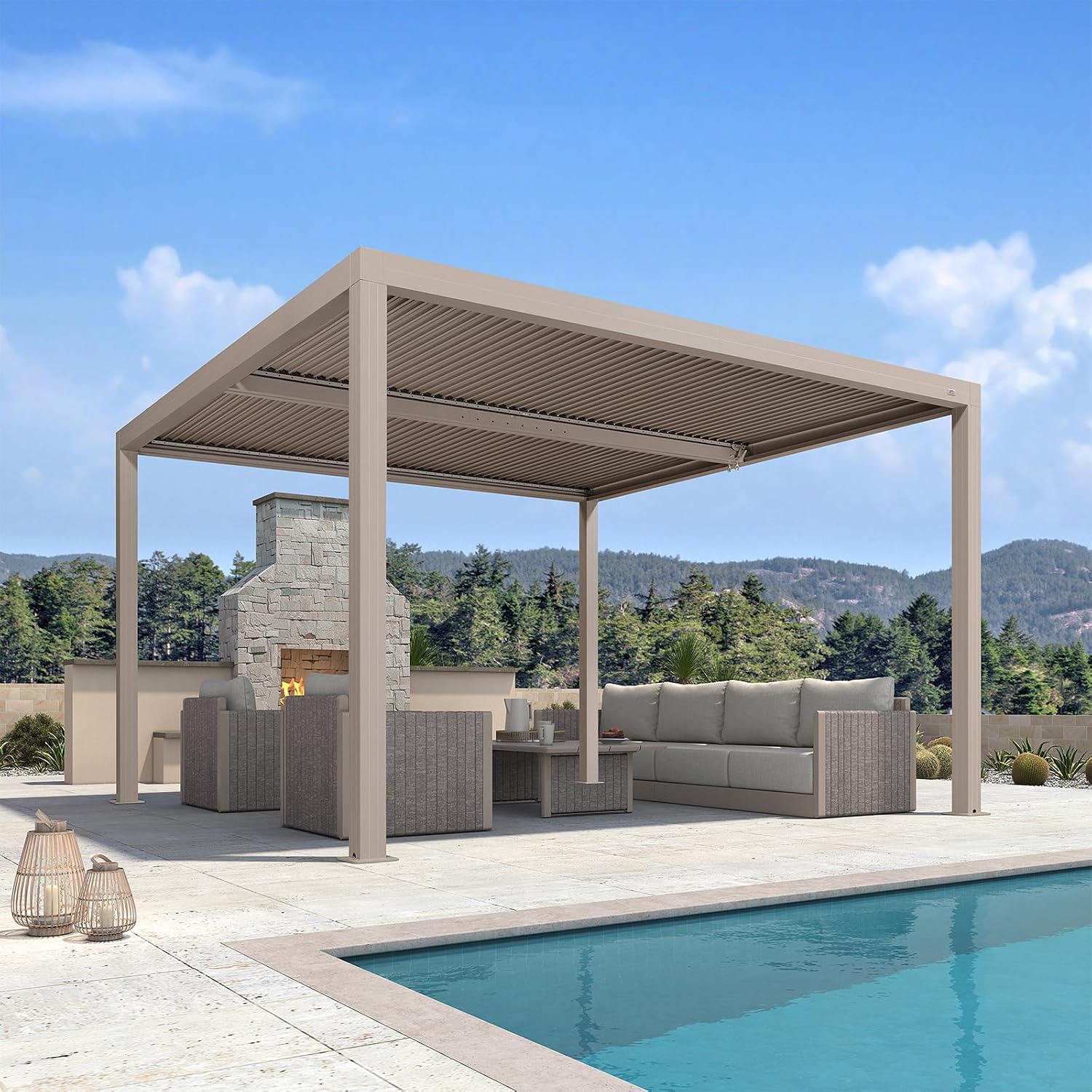 Pérgola Bioclimática de Aluminio 3,68x3,68m PURPLE LEAF, Cenador de Jardín con Lamas Ajustables y Drenaje Integrado