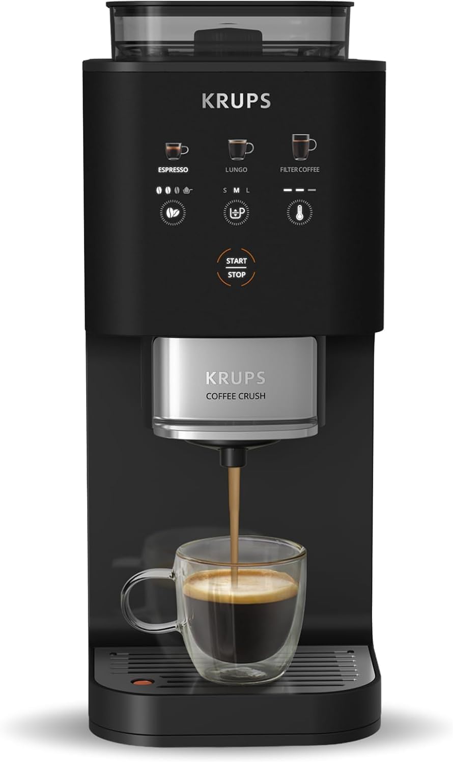 KRUPS Cafetera Automática, 15 Bares, 3 Recetas, Molienda Ajustable, Pantalla Táctil, Compacta, Negra