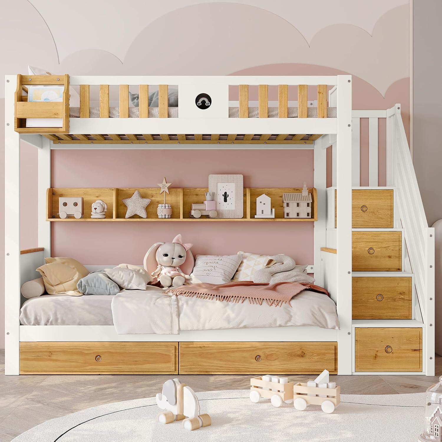 Cama litera infantil con almacenamiento, escalera con cajones y barrera de seguridad, madera de pino y MDF, 90 x 200 cm, blanco y natural