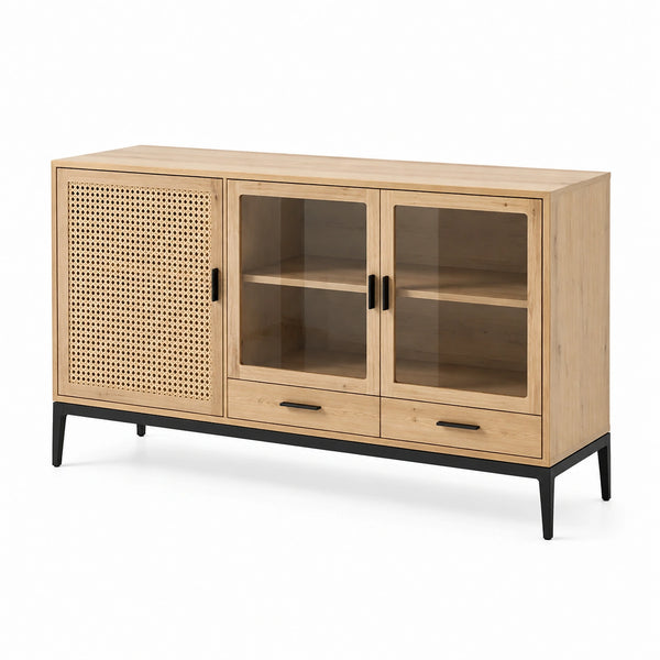 Aparador de madera de roble con puertas de vidrio templado y panel de mimbre, 150x40x90 cm