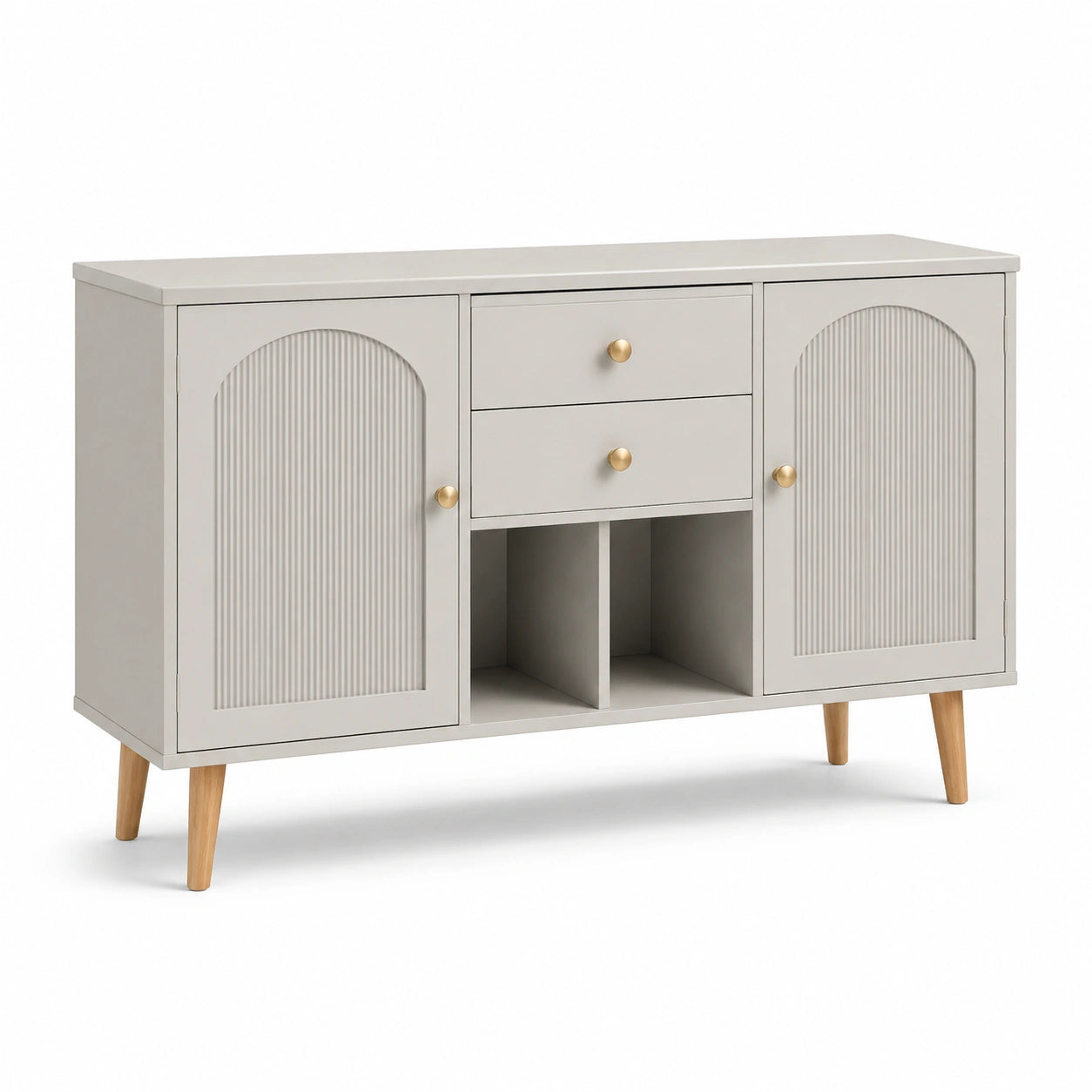 Aparador de MDF gris con patas de madera