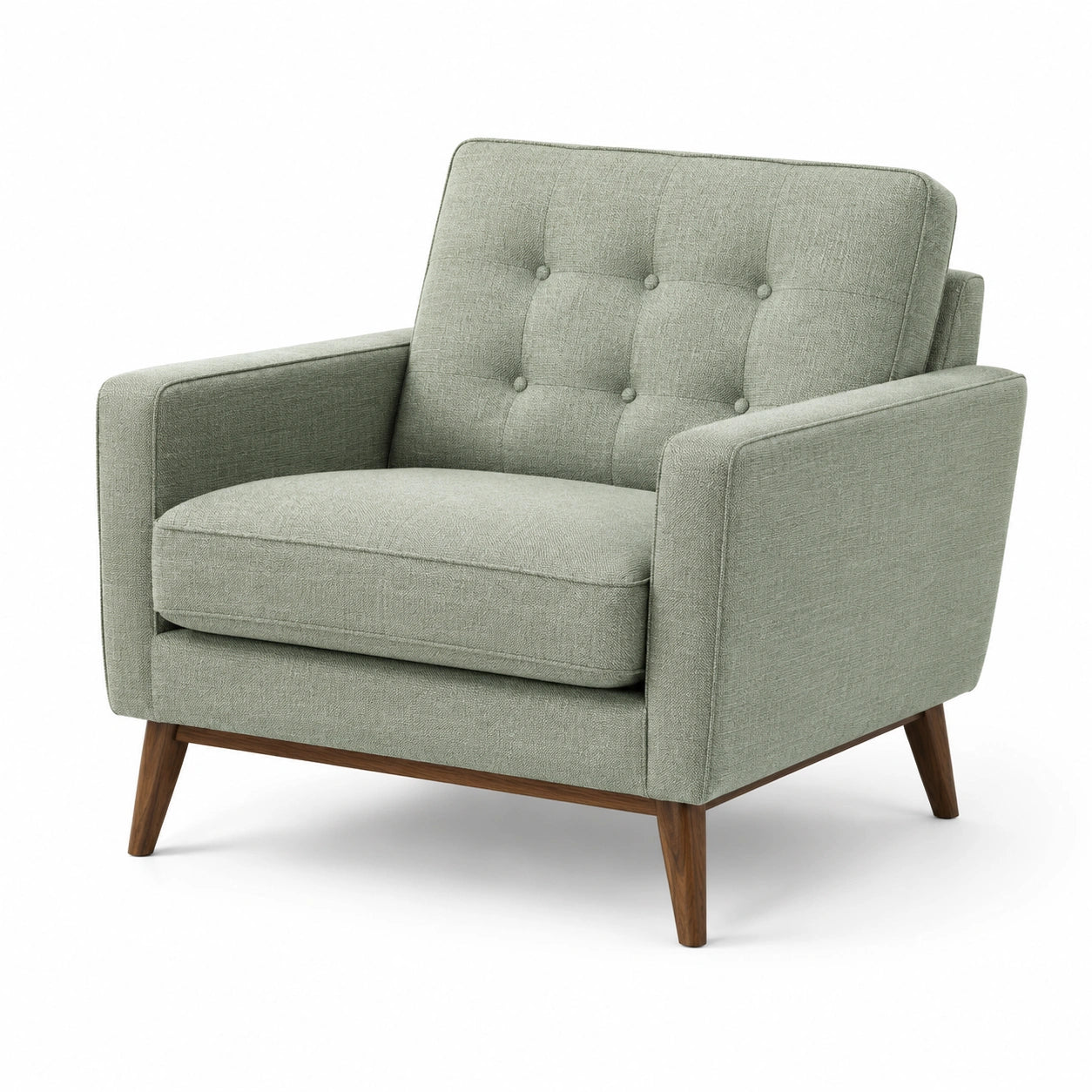 Sillón de tela de poliéster verde grisáceo con patas de madera
