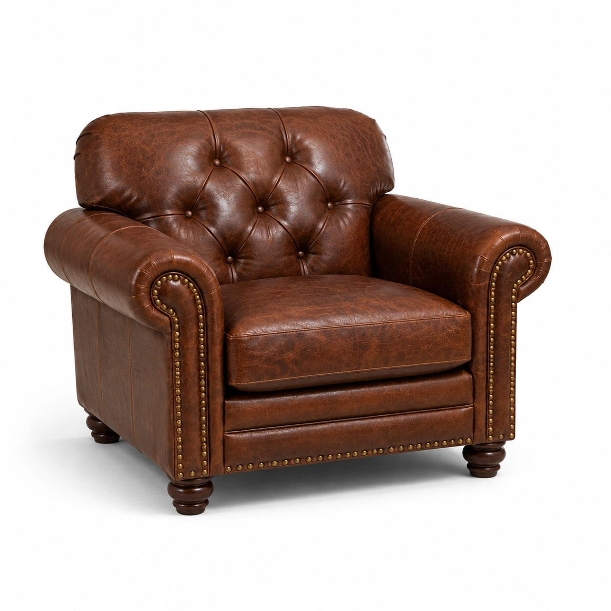 Sillón de cuero auténtico con tachuelas y patas de madera