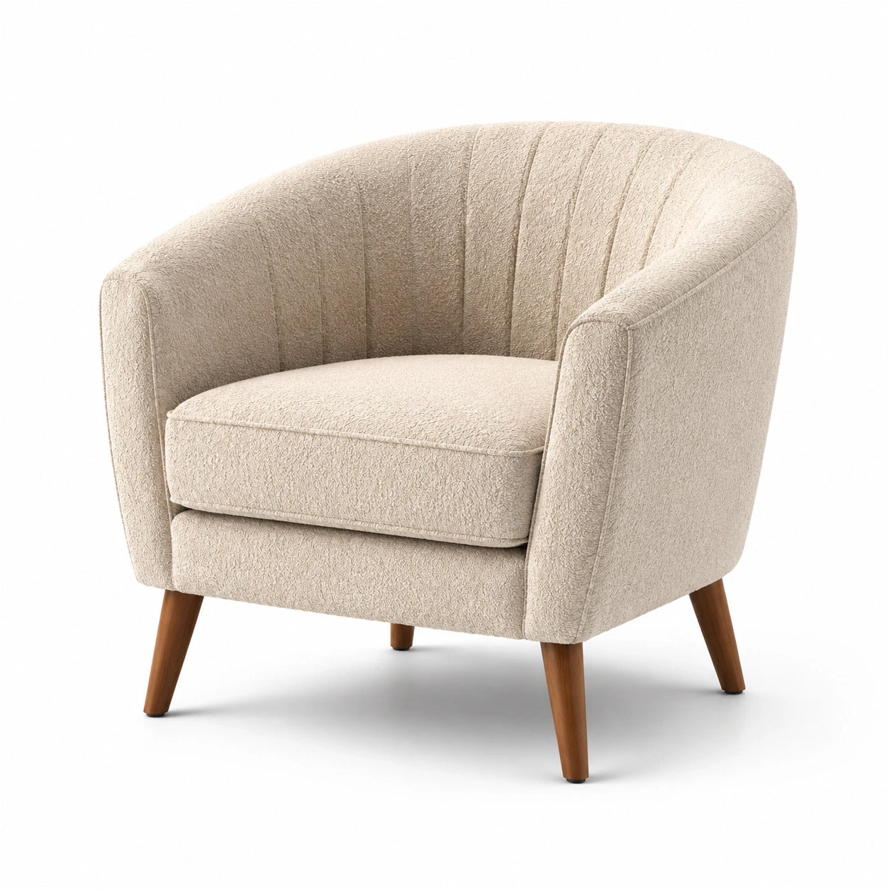 Sillón de tela bouclé beige con patas de madera
