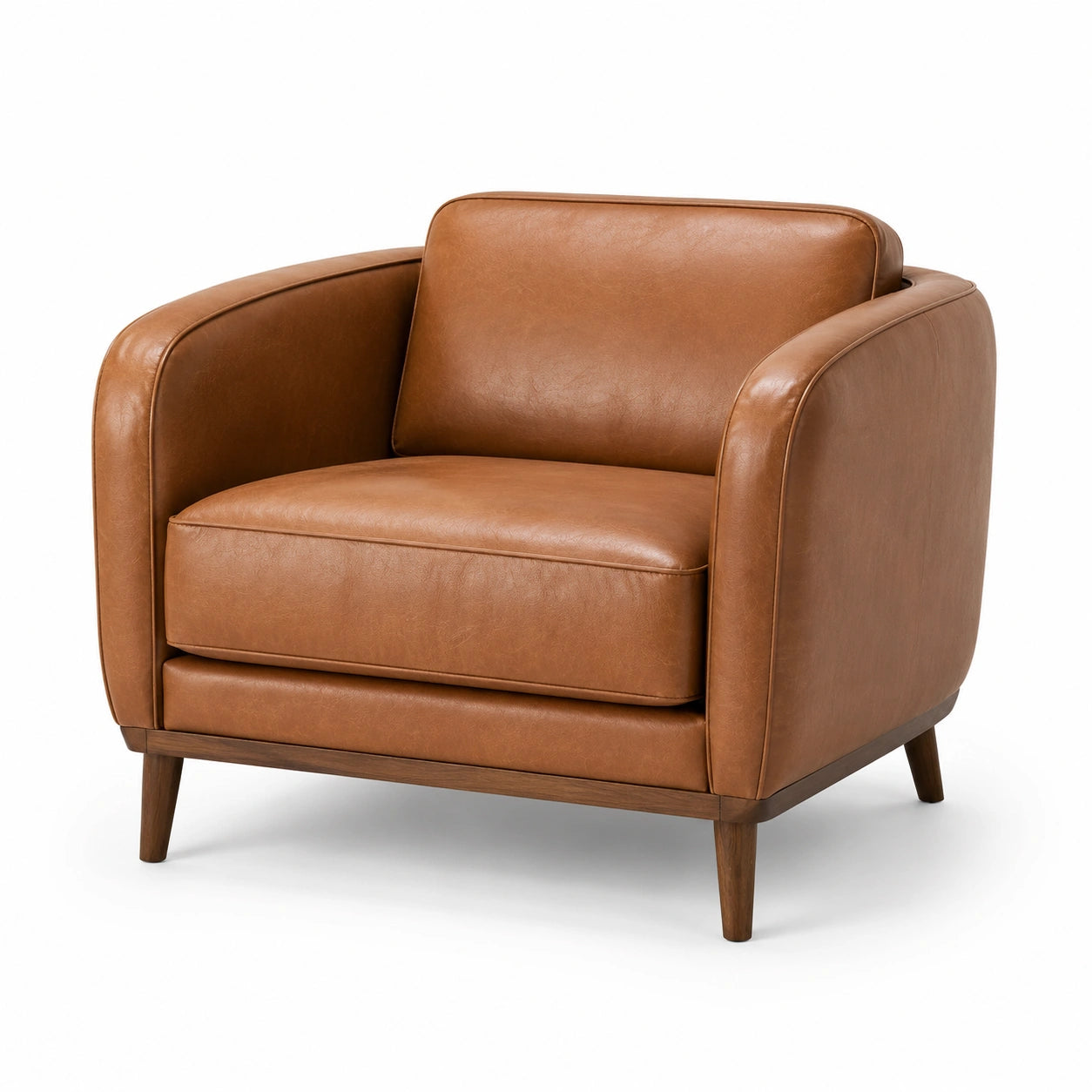Sillón de cuero sintético marrón con patas de madera