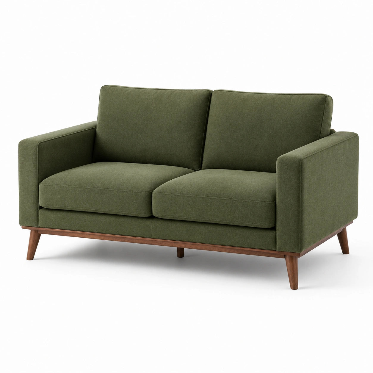 Sofá de 2 plazas de tela verde con patas de madera