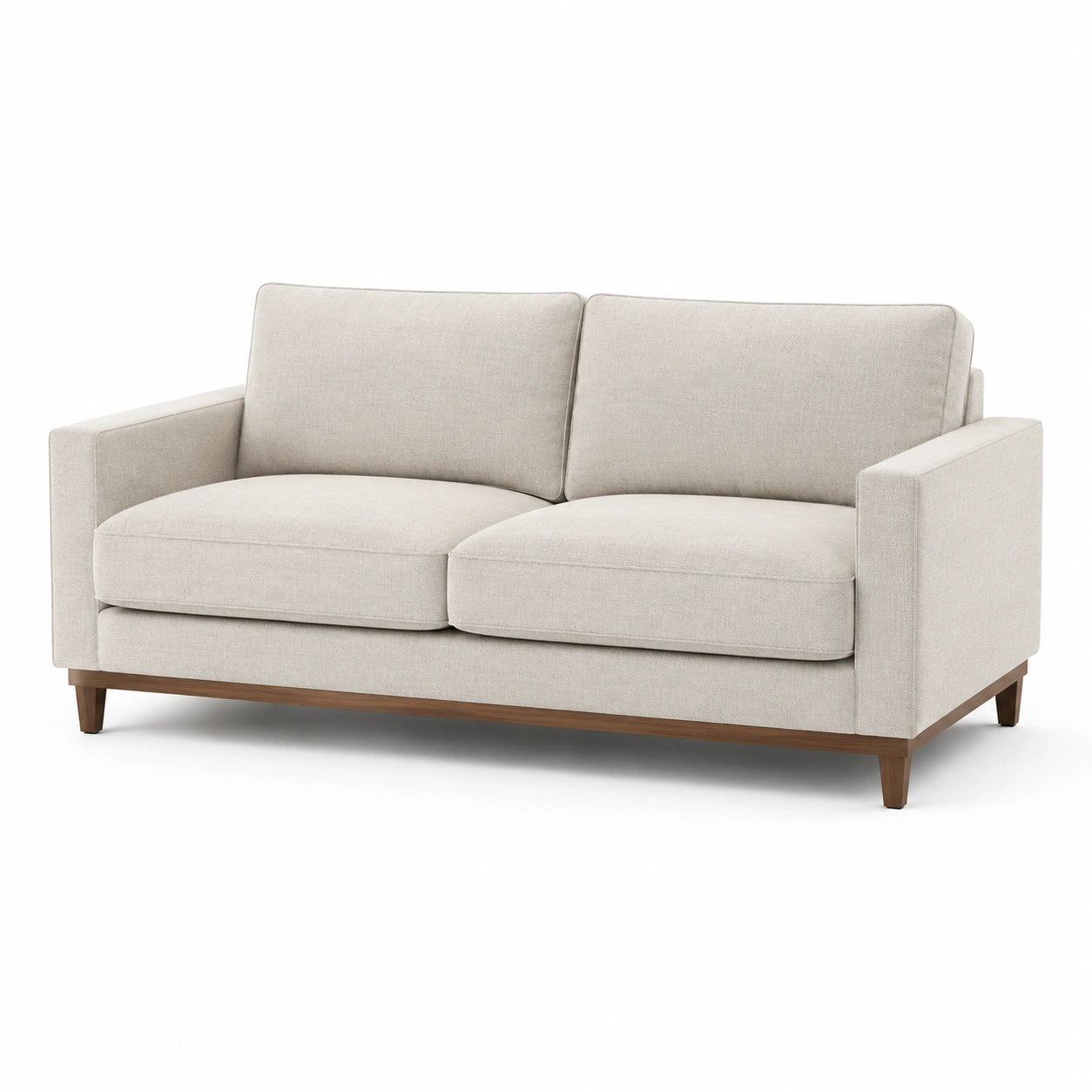 Sofá de dos plazas de tela beige y madera