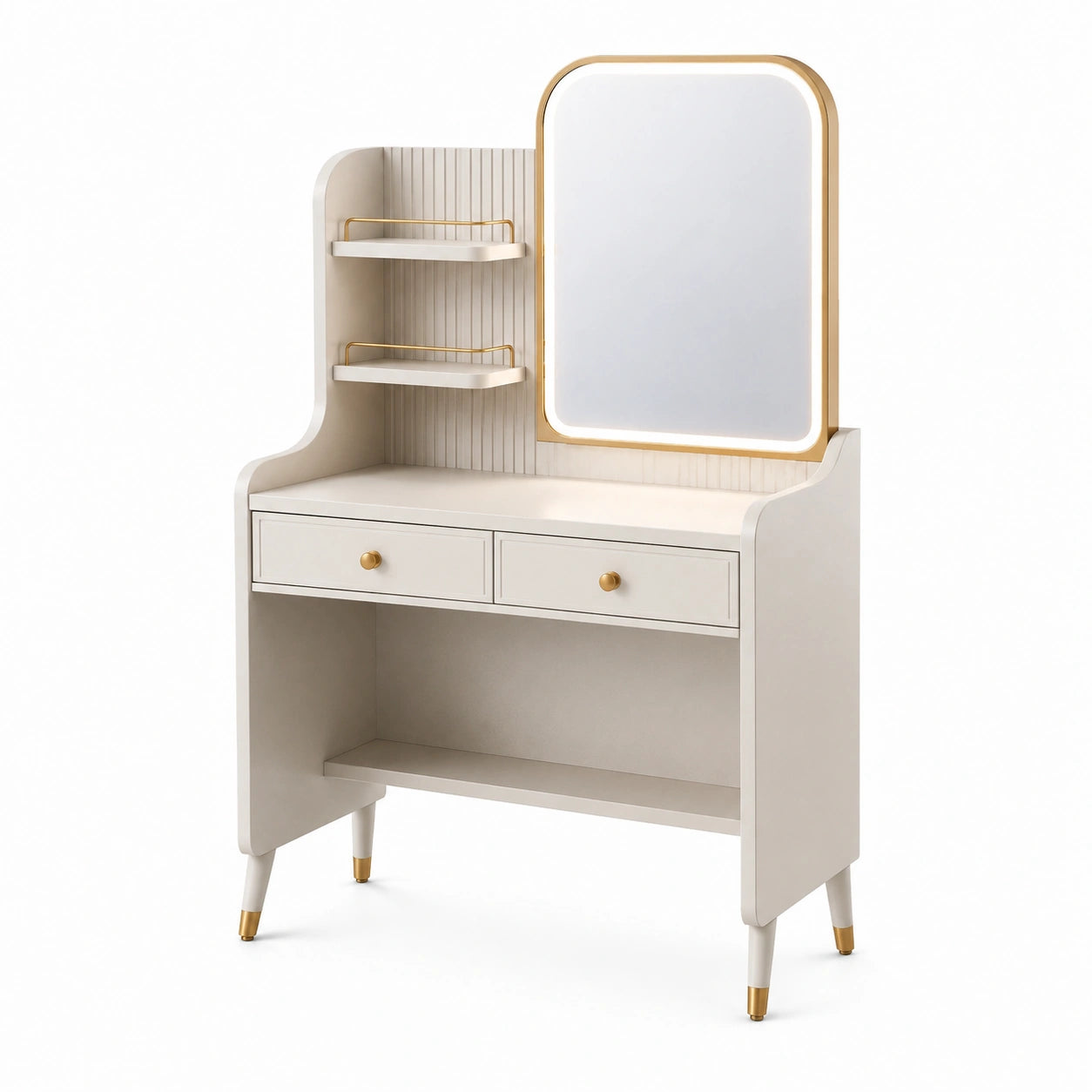 Tocador de madera beige con espejo de vidrio templado y detalles dorados, 2 cajones