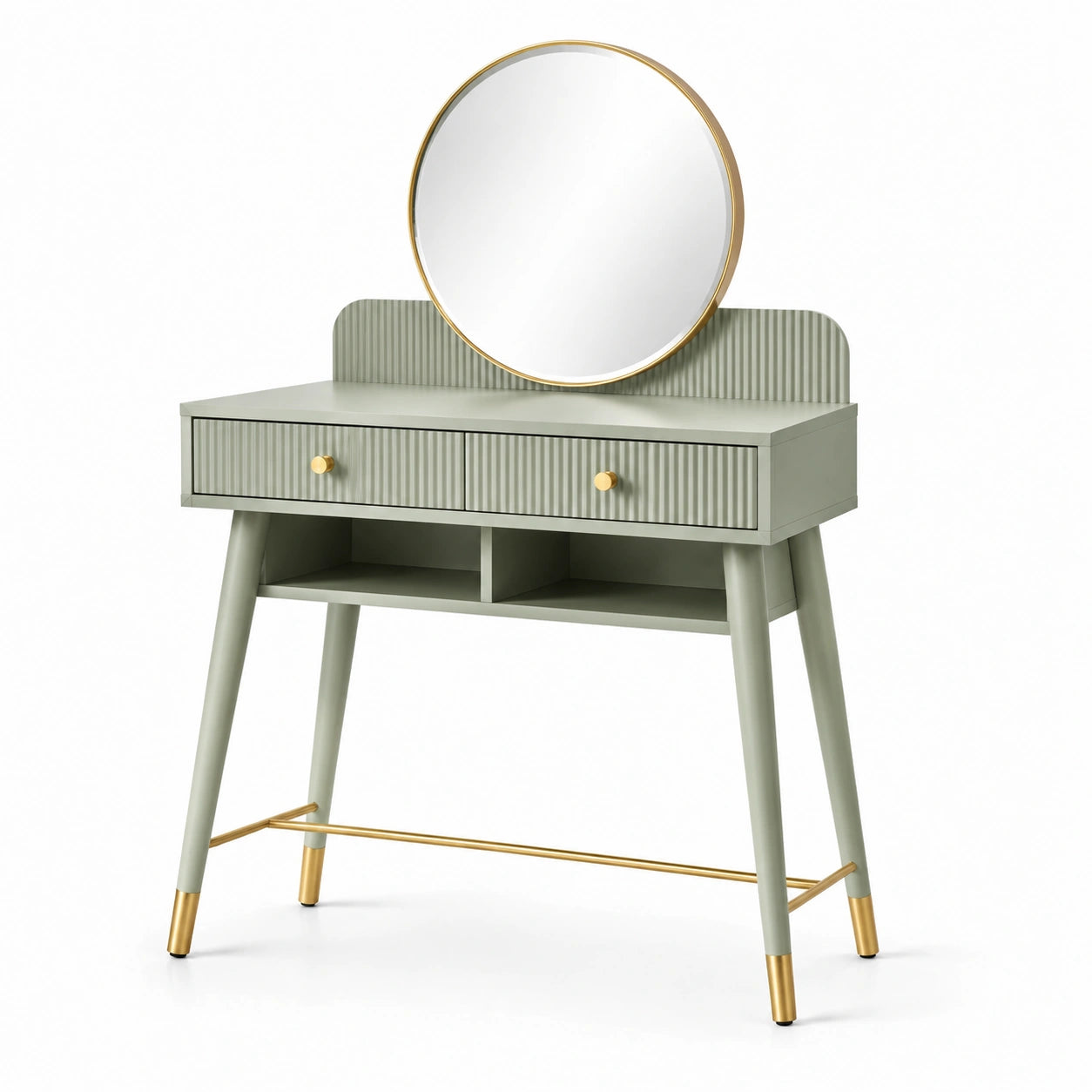 Tocador de metal y MDF con espejo redondo verde y dorado