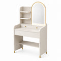 Tocador Beige con Espejo Arco y Luz LED, Estantes, 2 Cajones, MDF, 140 x 80 x 40 cm