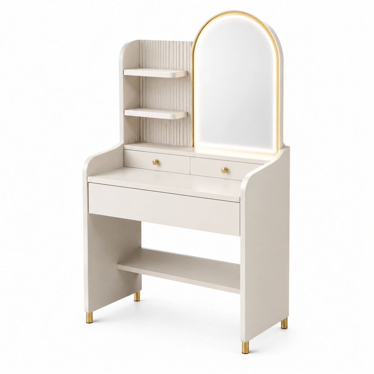 Tocador Beige con Espejo Arco y Luz LED, Estantes, 2 Cajones, MDF, 140 x 80 x 40 cm