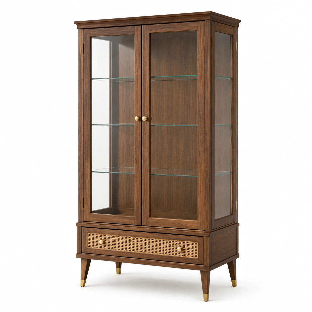 Vitrina de madera con vidrio templado y cajón de ratán 180x80x40cm