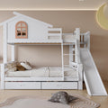 Cama litera infantil multifuncional con tobogán, escaleras y almacenamiento, estructura de madera blanca 90x200