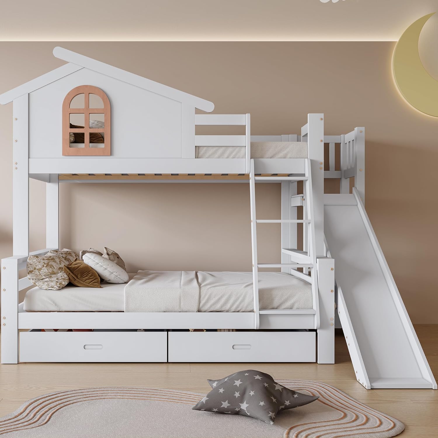 Cama litera infantil multifuncional con tobogán, escaleras y almacenamiento, estructura de madera blanca 90x200