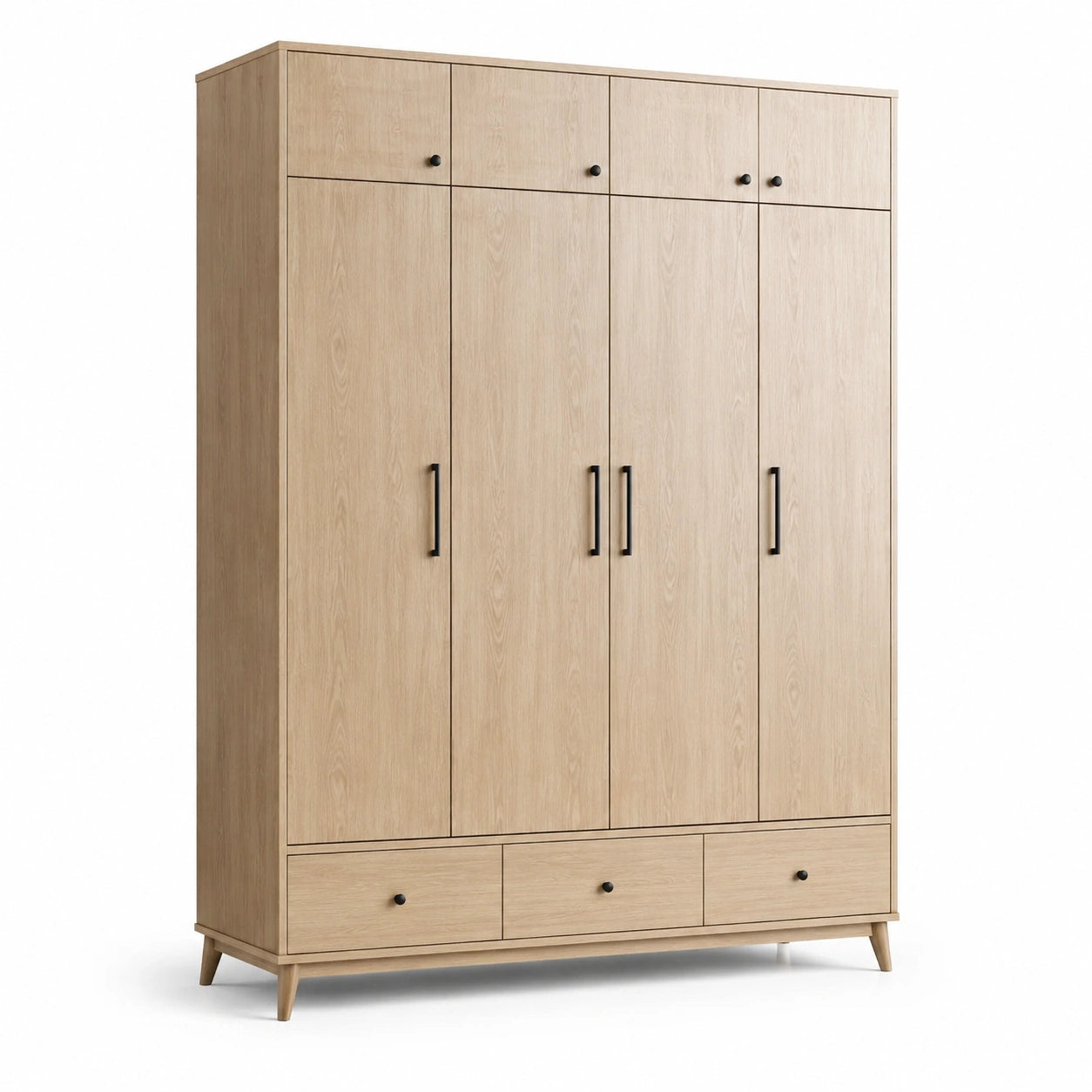 Armario de madera de 4 puertas con 3 cajones color roble claro