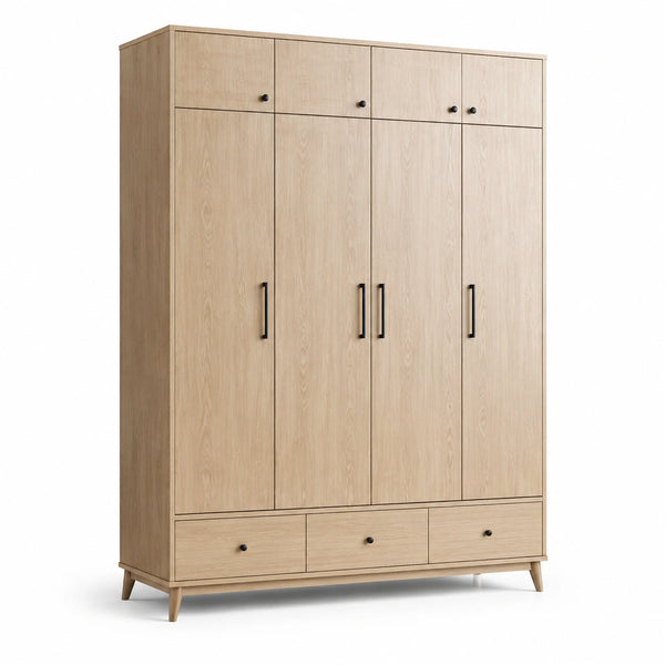Armario de madera de 4 puertas con 3 cajones color roble claro