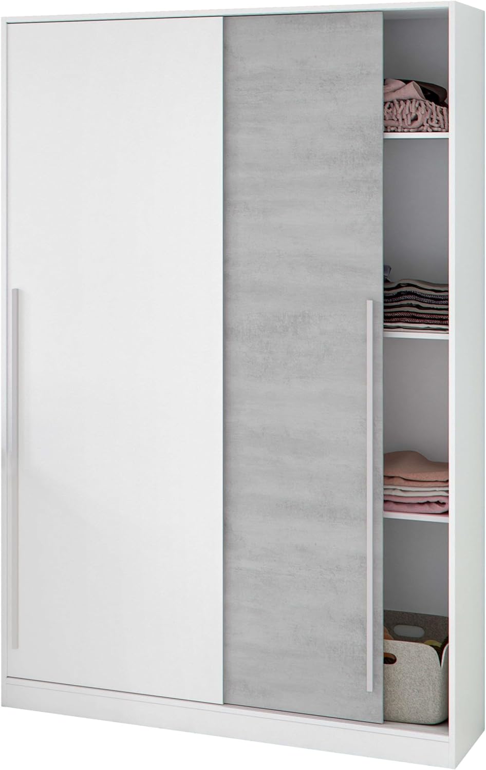 Armario Habitdesign Indira 2 Puertas Correderas Blanco y Cemento con Estantes y Barra, 200x120x50 cm