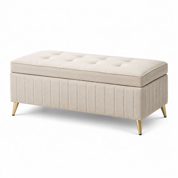 Banco tapizado de poliéster beige con patas doradas