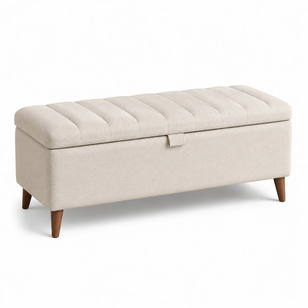 Banco de almacenamiento de tela beige con patas de madera de caucho