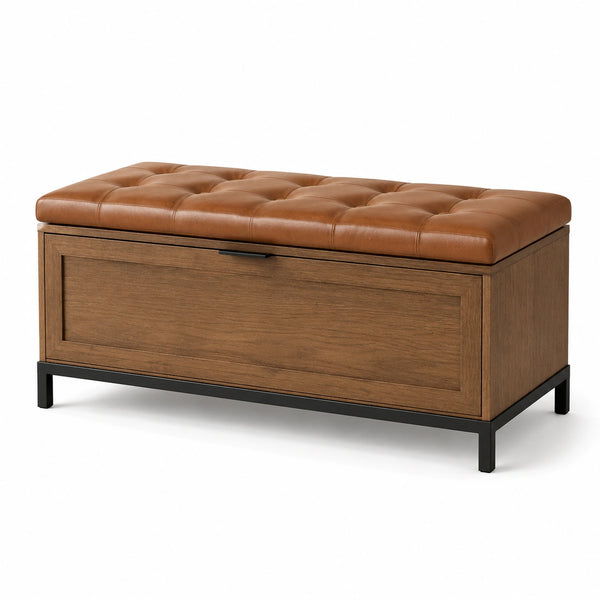 Banco de madera y metal con asiento de cuero sintético marrón