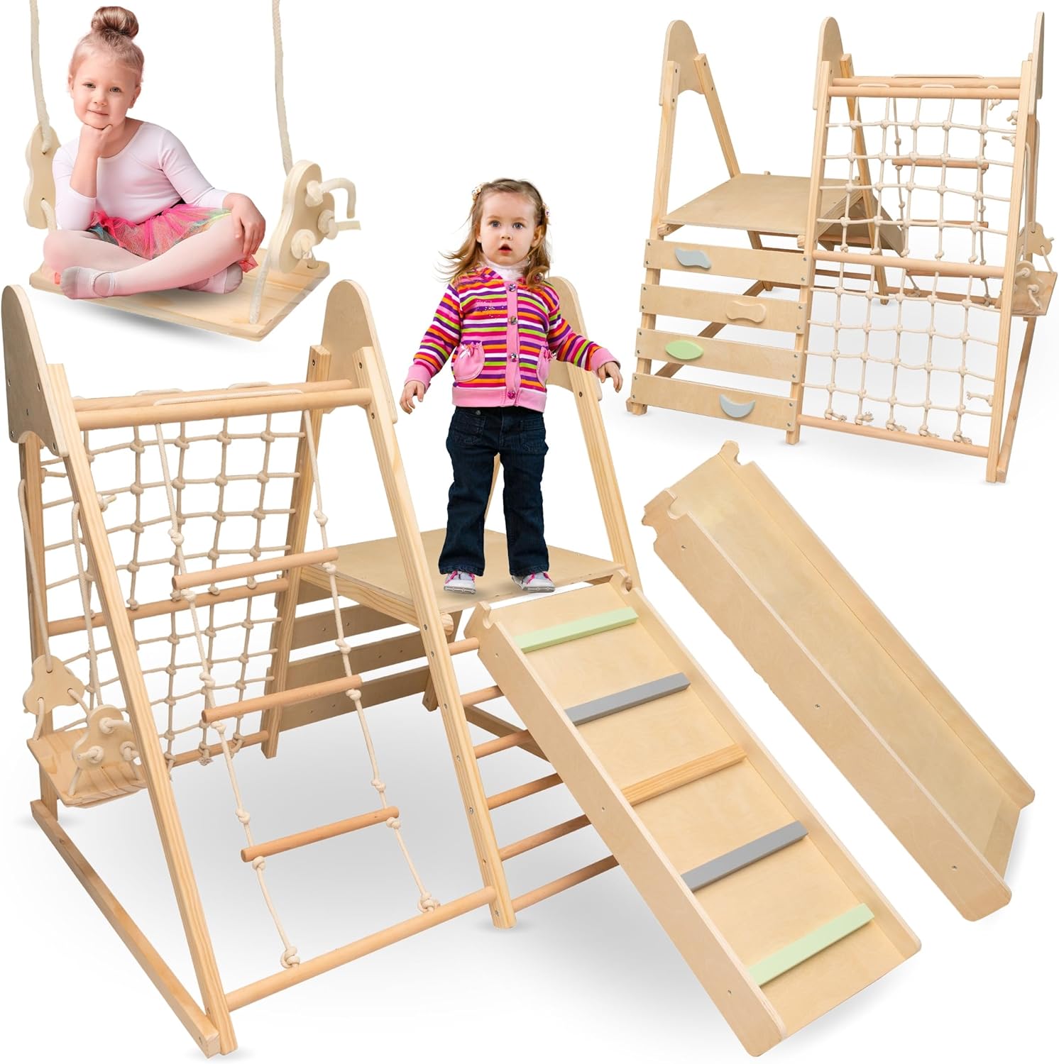 Centro de Juegos Infantil Mamabrum XL 5 en 1: Tobogán, Columpio, Escalada, Red y Escalera, Seguro para Niños, Apoya el Desarrollo Infantil