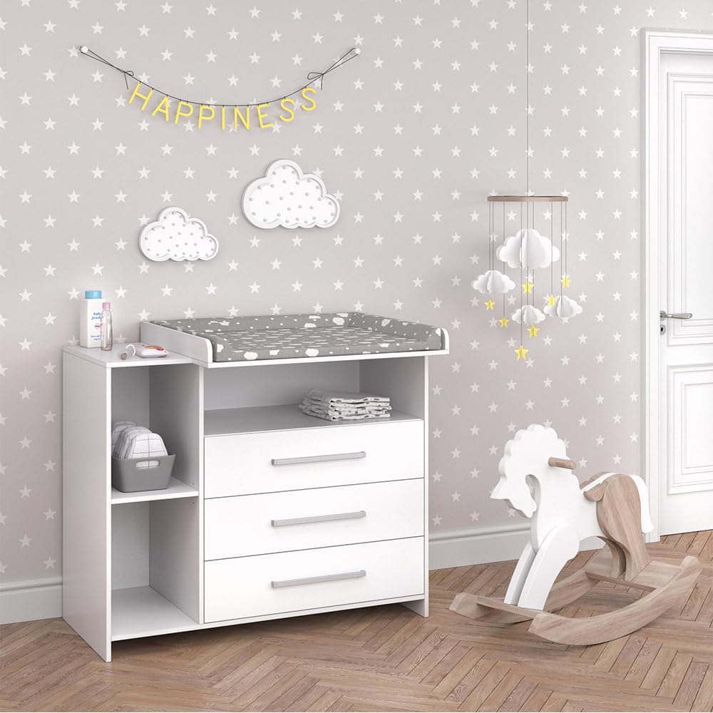 Vicco Cambiador para Bebé Oskar Blanco 113x100 cm con 3 Cajones Grandes y Cambiador Extraíble Convertible en Cómoda