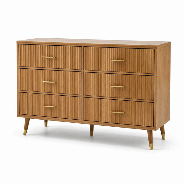 Cómoda de 6 cajones de madera marrón con tiradores metálicos