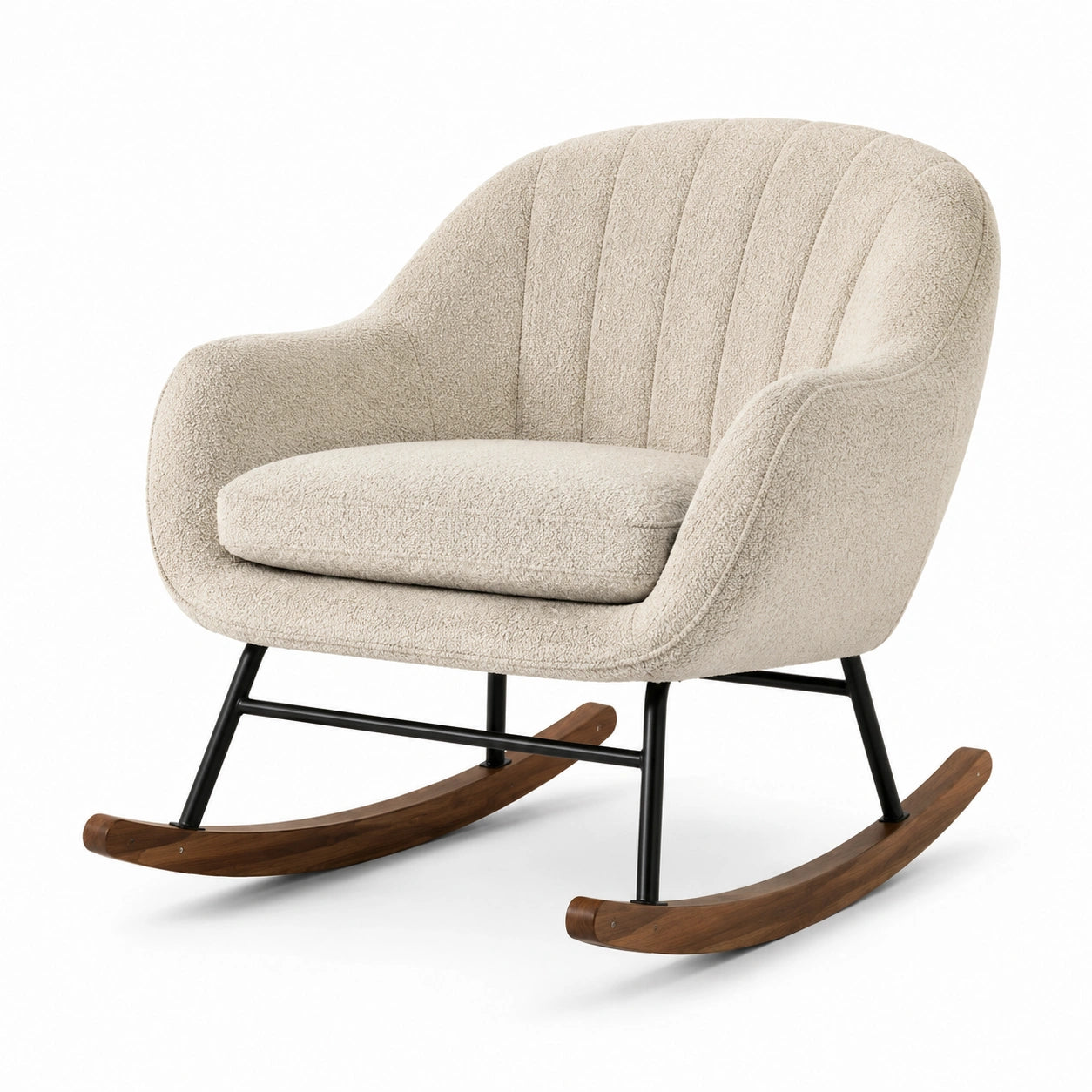 Mecedora de tela beige con estructura de acero y base de nogal