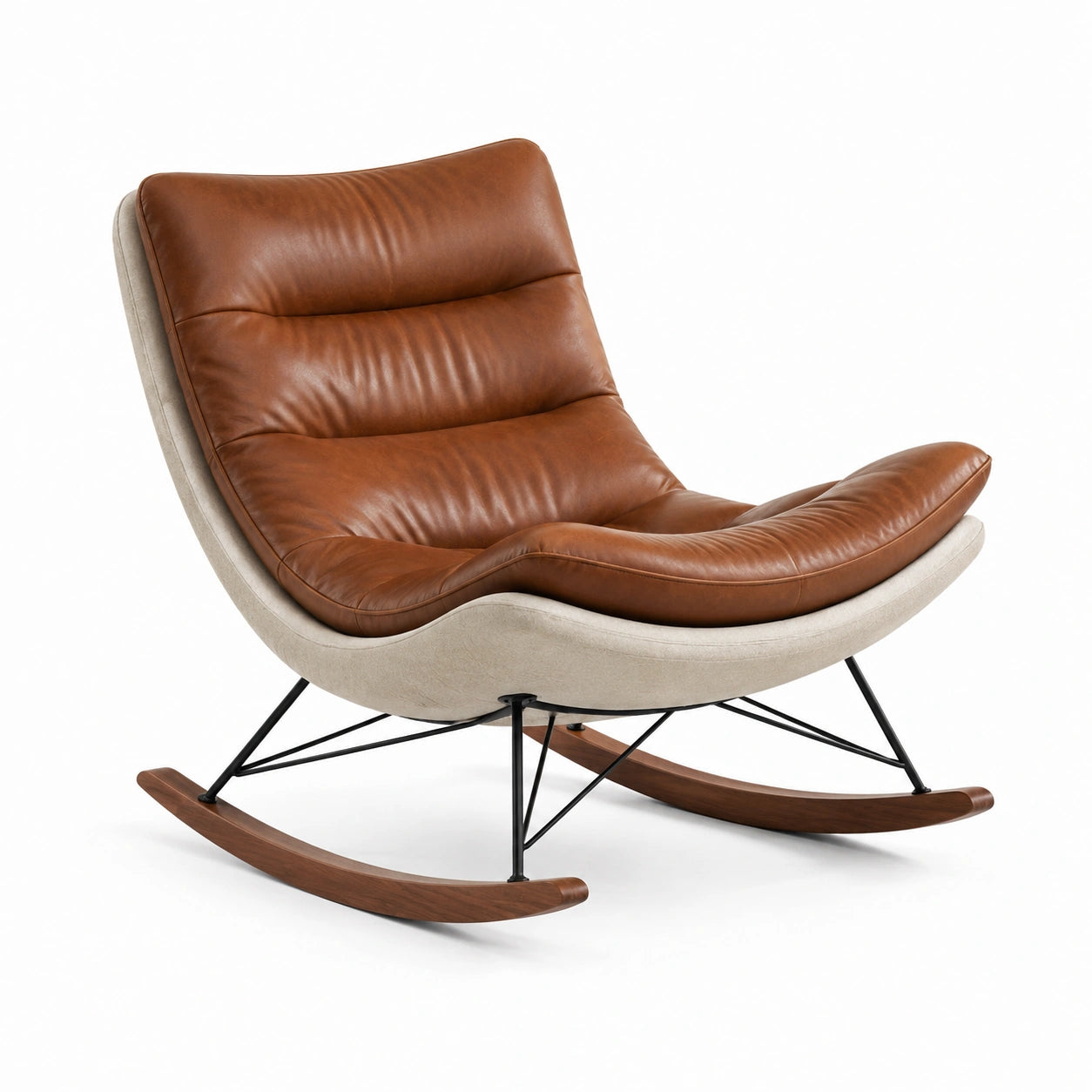 Sillón mecedora de cuero y lino con marco de metal