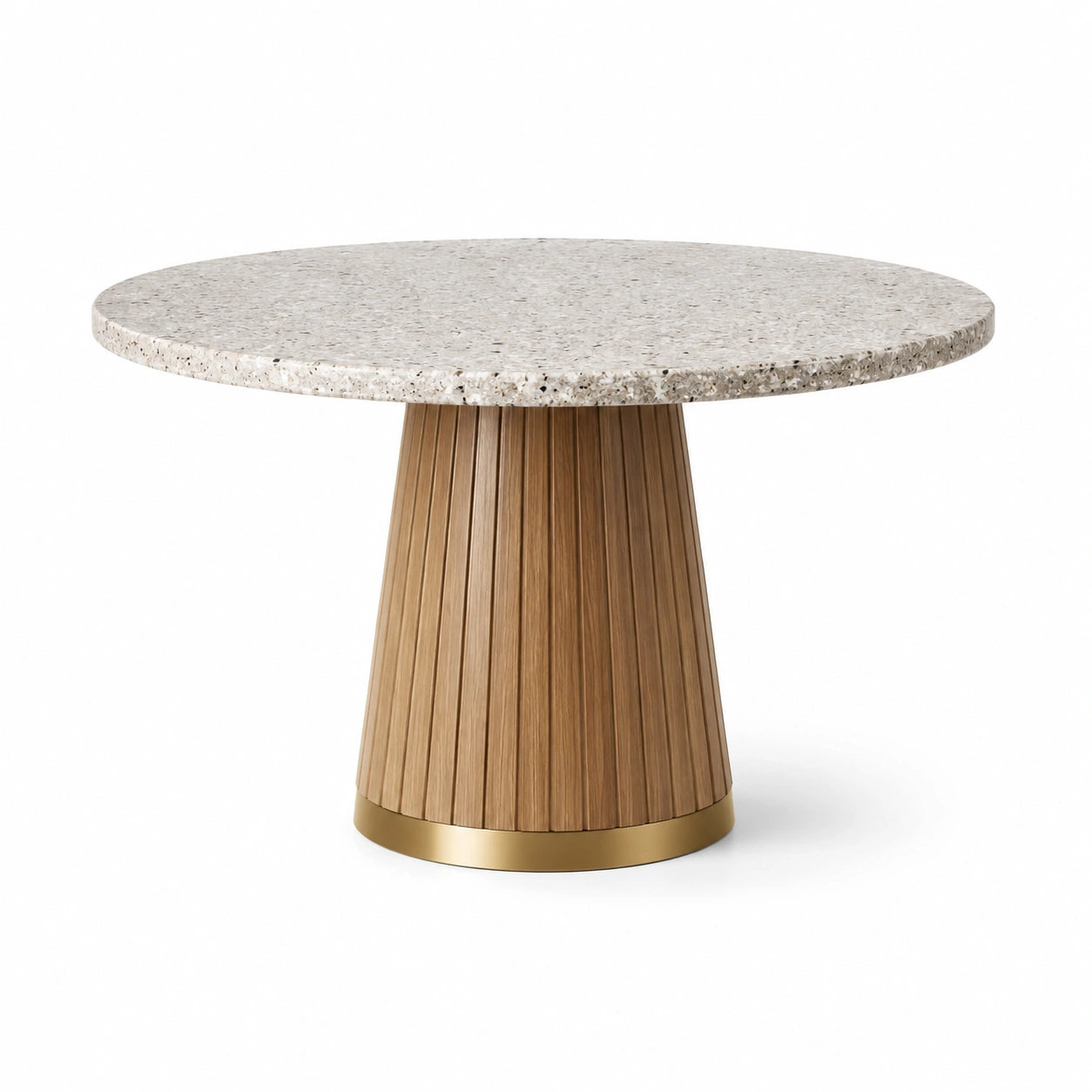 Mesa redonda de terrazo con base de madera y metal