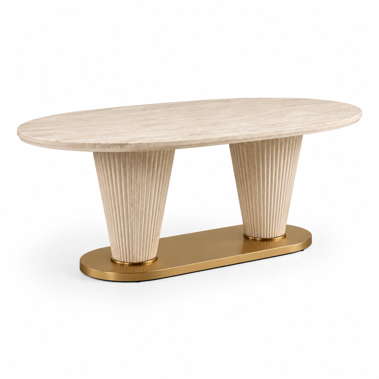 Mesa de comedor ovalada de mármol travertino y metal dorado