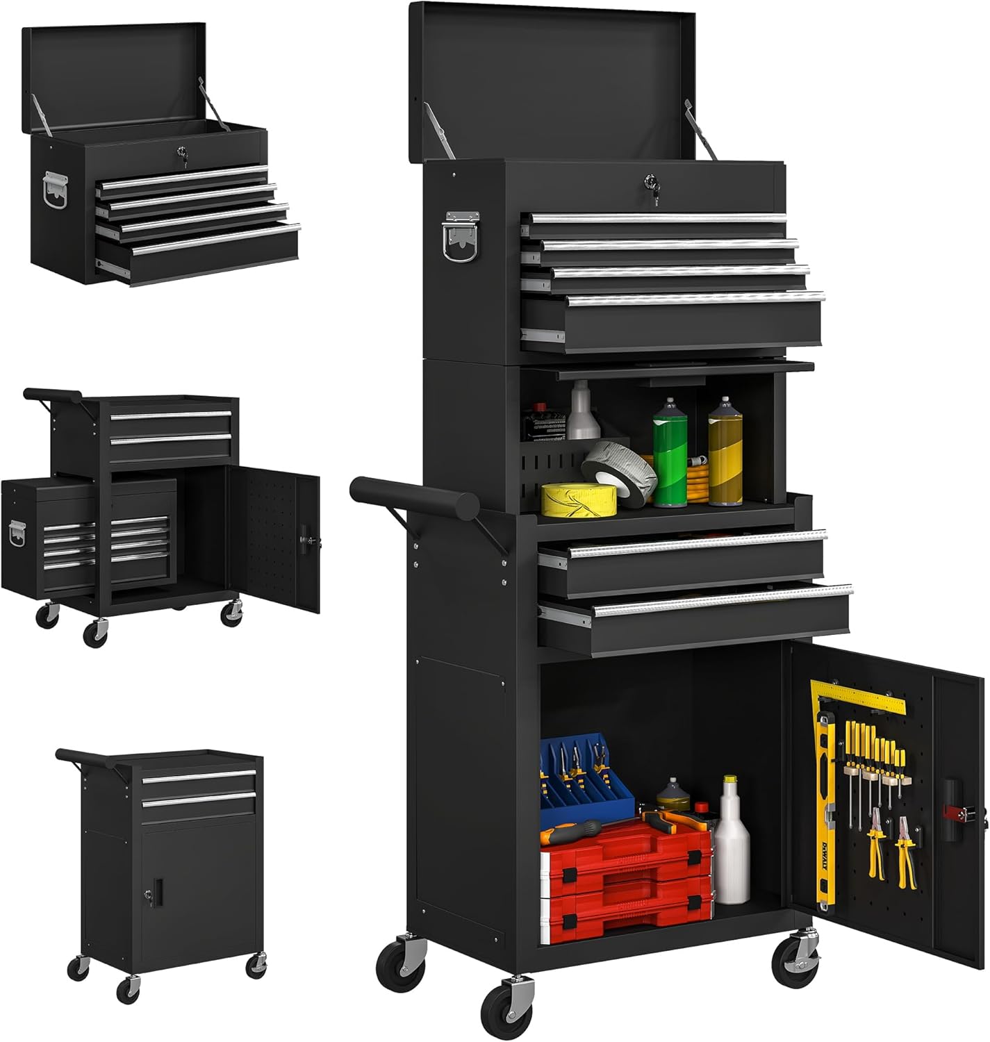 Carro de Taller 3 en 1 con 6 Cajones y Cerraduras, HOMCOM Caja de Herramientas de Acero Desmontable, con Ruedas y Panel Perforado, Negro
