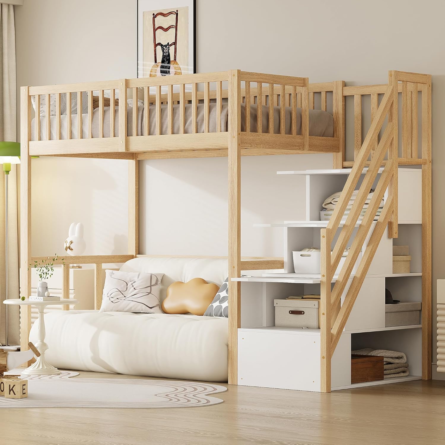 Litera alta de madera de pino con escalera y almacenamiento para niños y adolescentes 90x200 cm