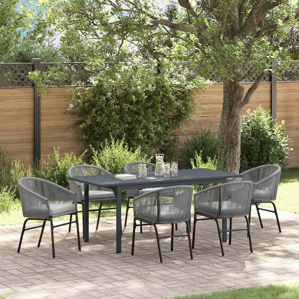 Conjunto de comedor exterior de ratán gris con mesa extensible y seis sillas resistentes al clima