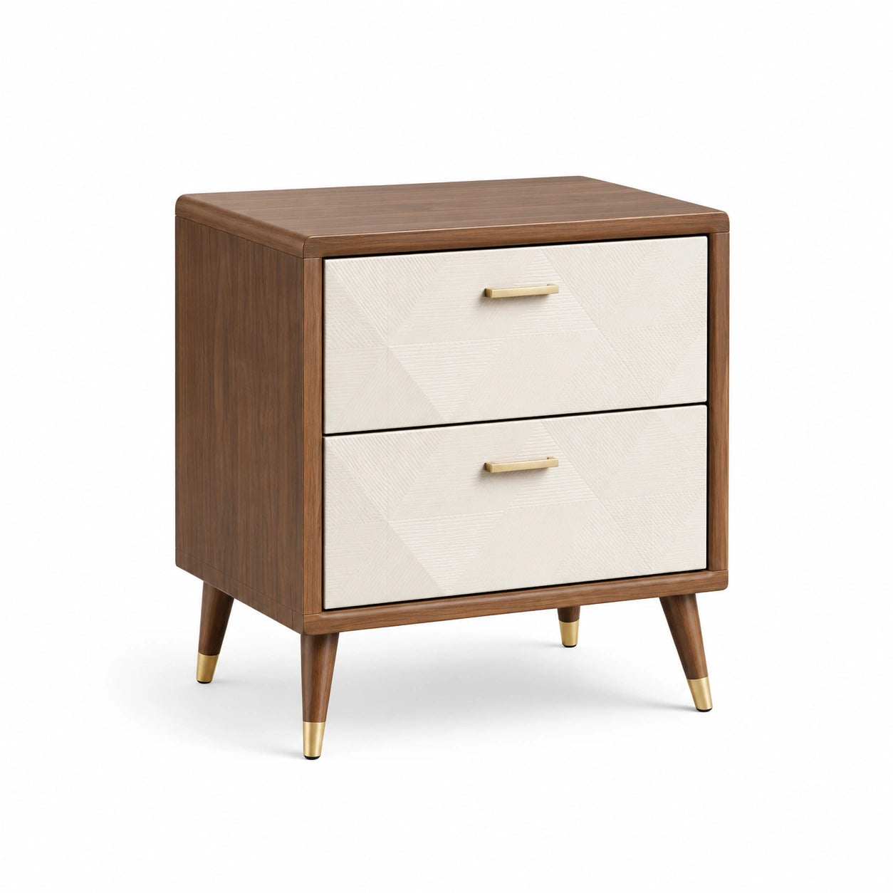 Mesita de noche de madera de nogal con 2 cajones MDF blancos