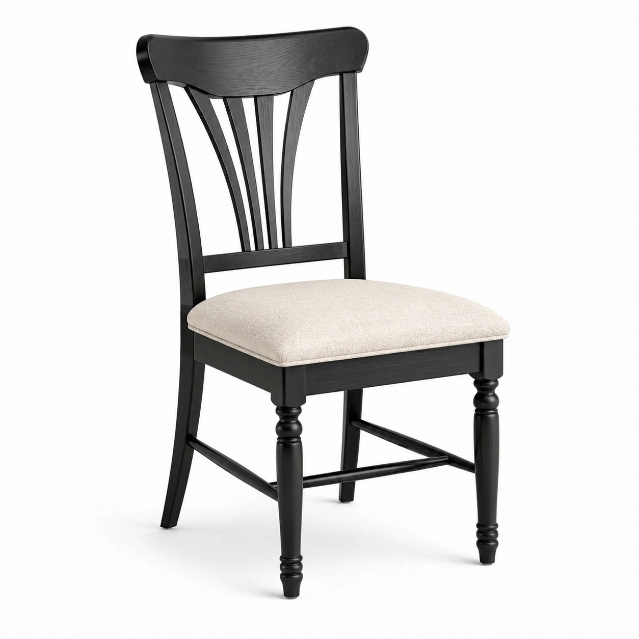 Silla de madera negra con asiento de tela beige