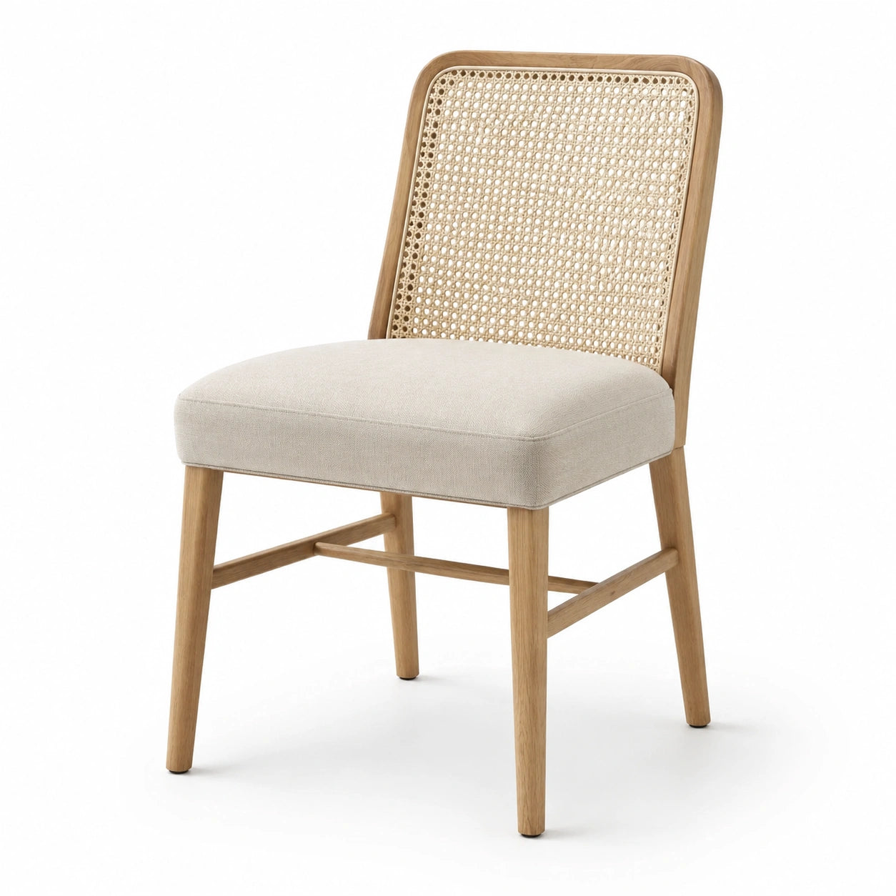 Silla de roble con respaldo de ratán y asiento de poliéster beige