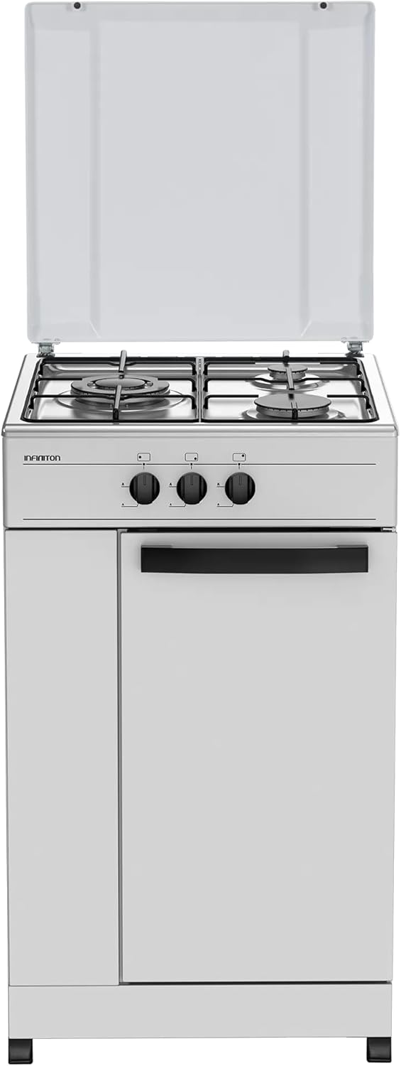 Infiniton Encimera de Gas 3 Fuegos, Compartimento Botellas, 50cm Ancho, Acero Esmaltado Blanco