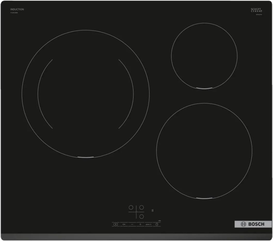 Placa de inducción Bosch 60 cm, 3 zonas, TouchSelect, 17 niveles, negro