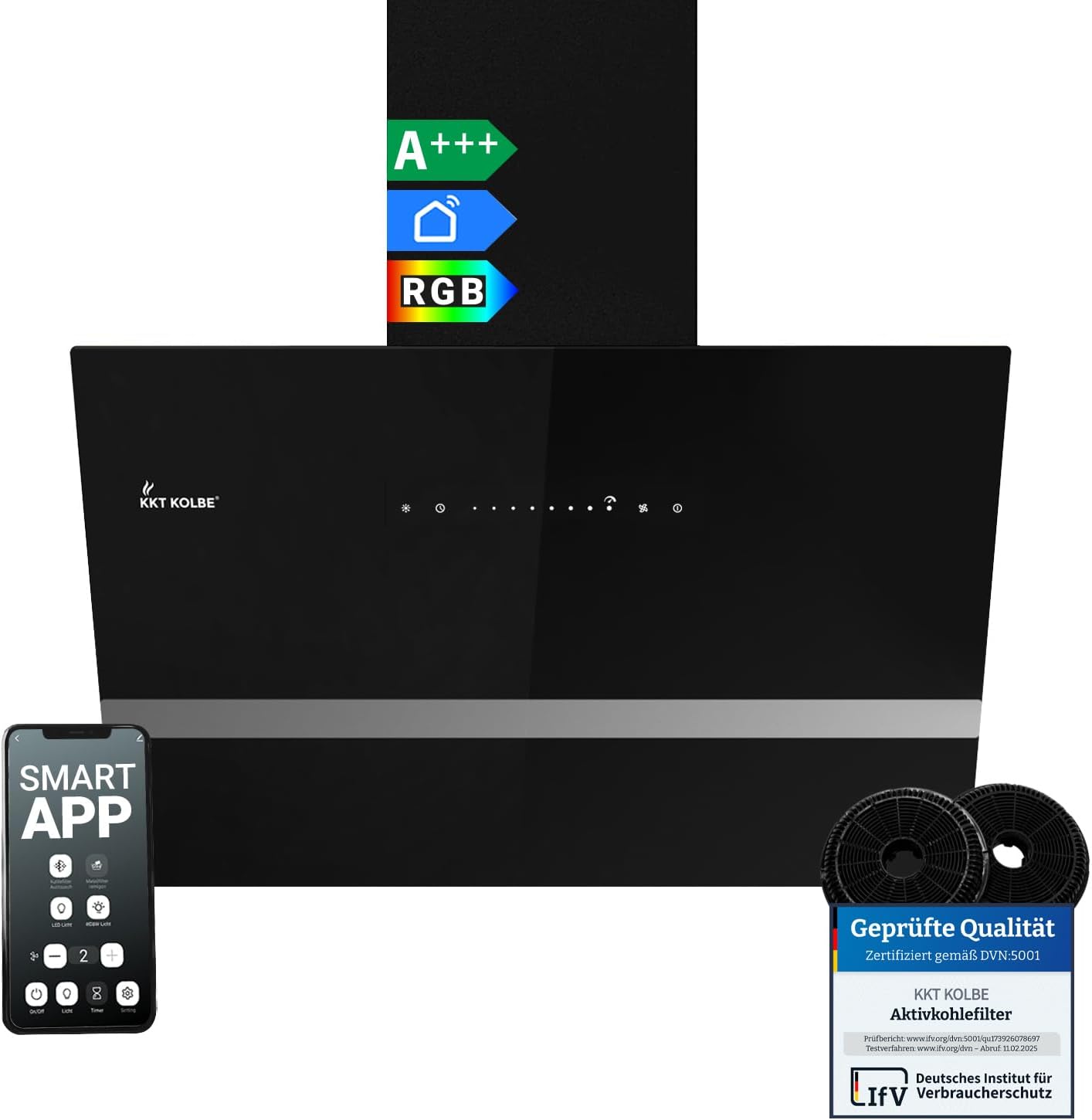 Campana Extractora KKT Kolbe 60cm 782 cbm/h, Vidrio Negro, WiFi, LED RGBW