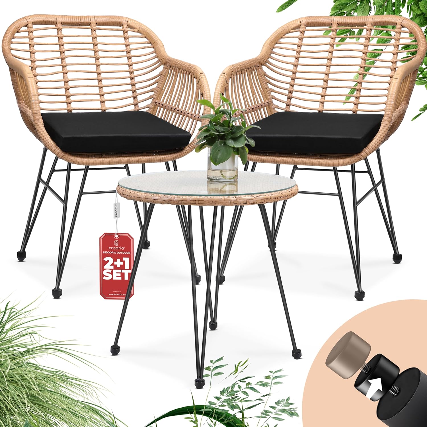 Conjunto de Muebles para Balcón Bali: Mesa y 2 Sillas con Cojines Lavables y Tablero de Vidrio