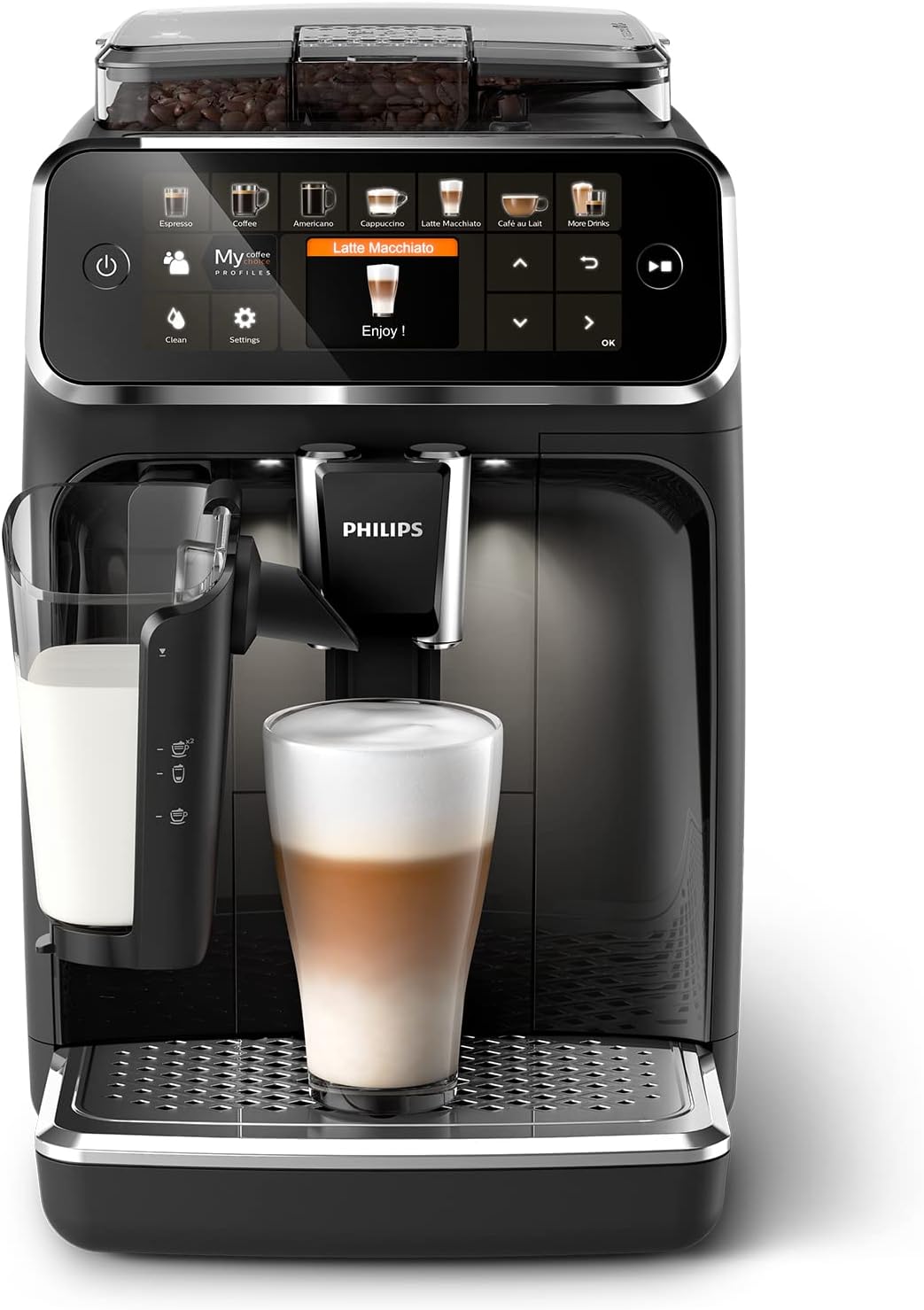 Cafetera Philips 5400 Superautomática con LatteGo, 12 Tipos de Café, Pantalla Táctil, 4 Perfiles, Negra