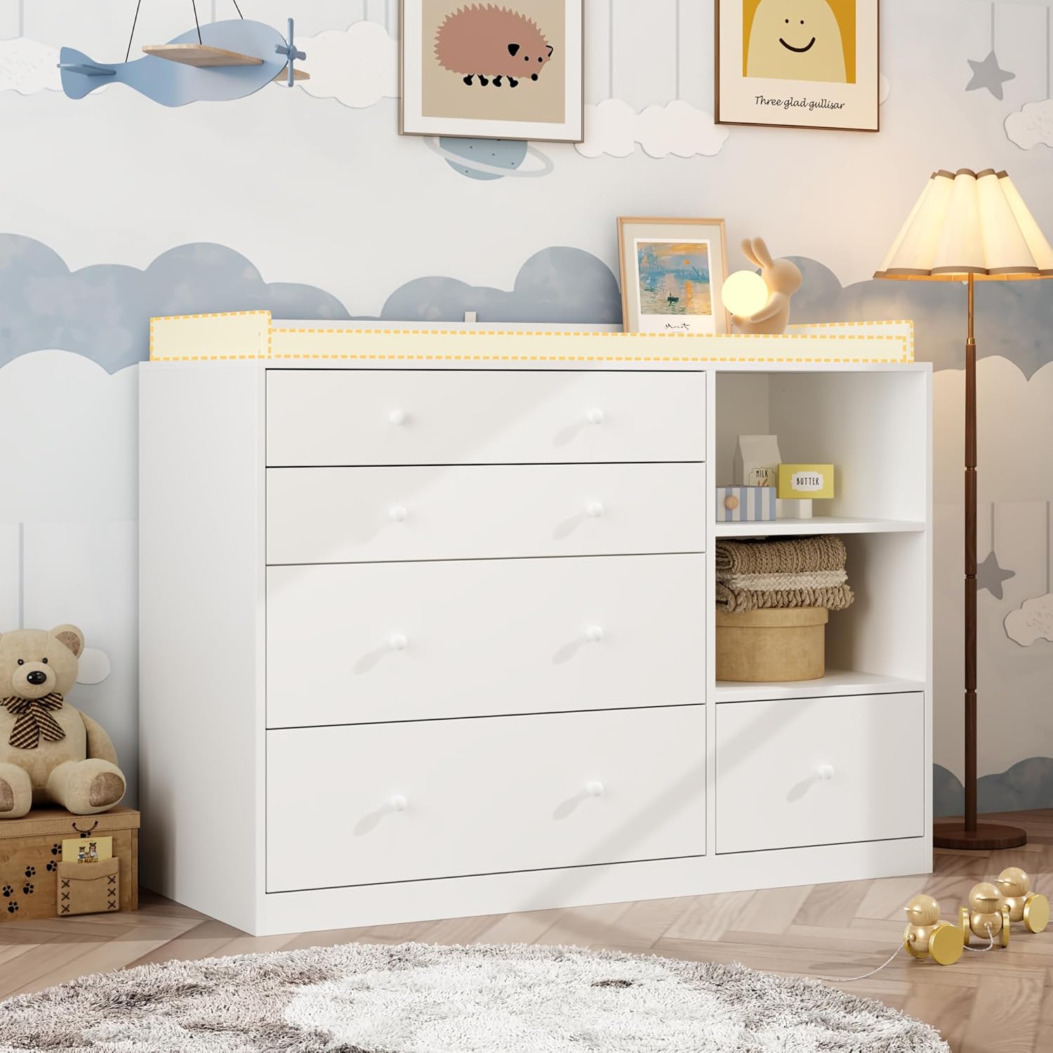 Mueble Cambiador para Bebé Blanco con 5 Cajones y Almacenamiento de MDF