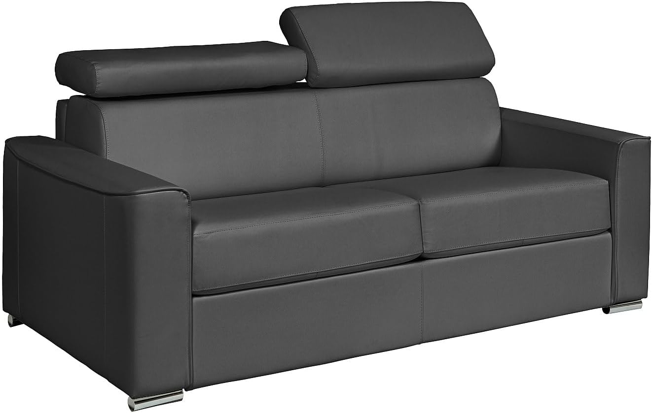 Sofá Cama 3 Plazas de Cuero de Búfalo Gris con Apertura Rápida y Colchón Viscoelástico de 22 cm - Cama 140 cm