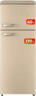 EVVO Frigorífico Retro 2 Puertas, 215L, Crisper Zone, Eficiencia Energética, Sin CFC, Silencioso, Beige