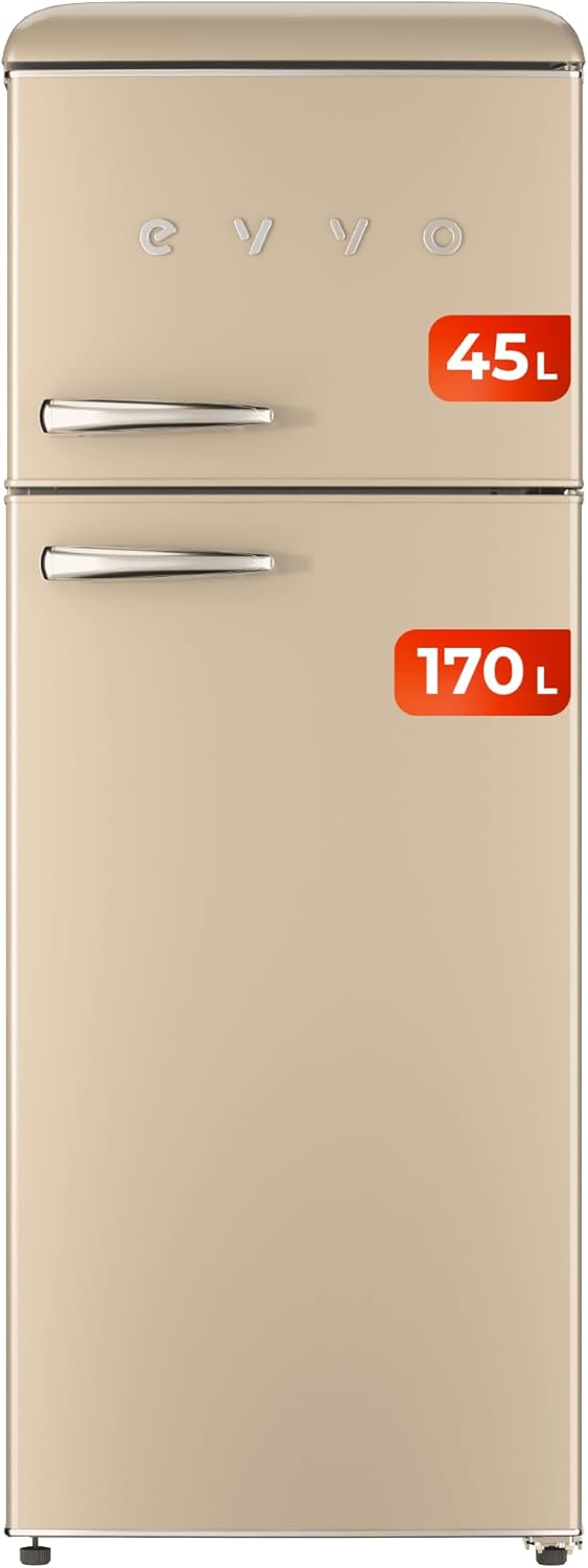 EVVO Frigorífico Retro 2 Puertas, 215L, Crisper Zone, Eficiencia Energética, Sin CFC, Silencioso, Beige