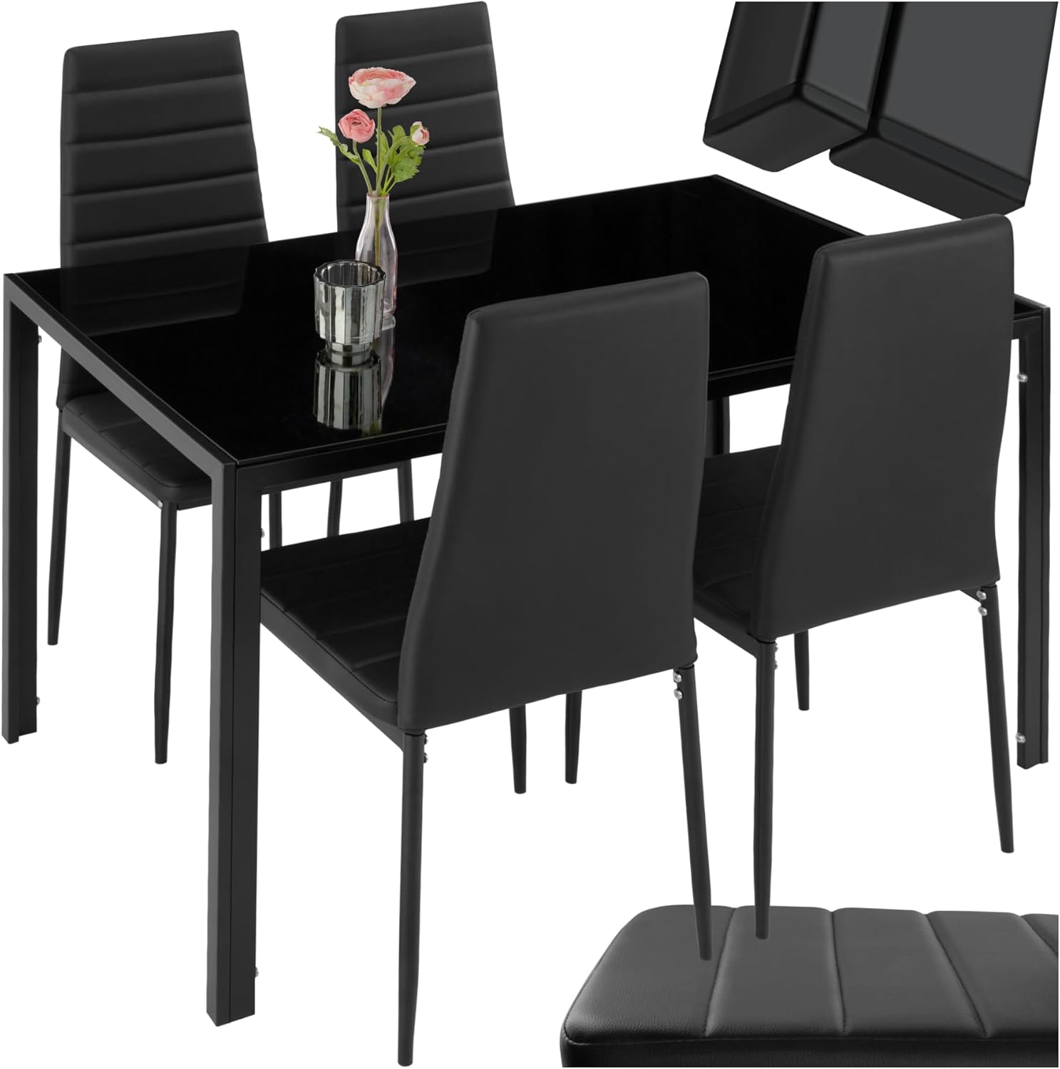 Conjunto de Comedor Negro: Mesa de Cristal Templado y 4 Sillas de Cuero Sintético