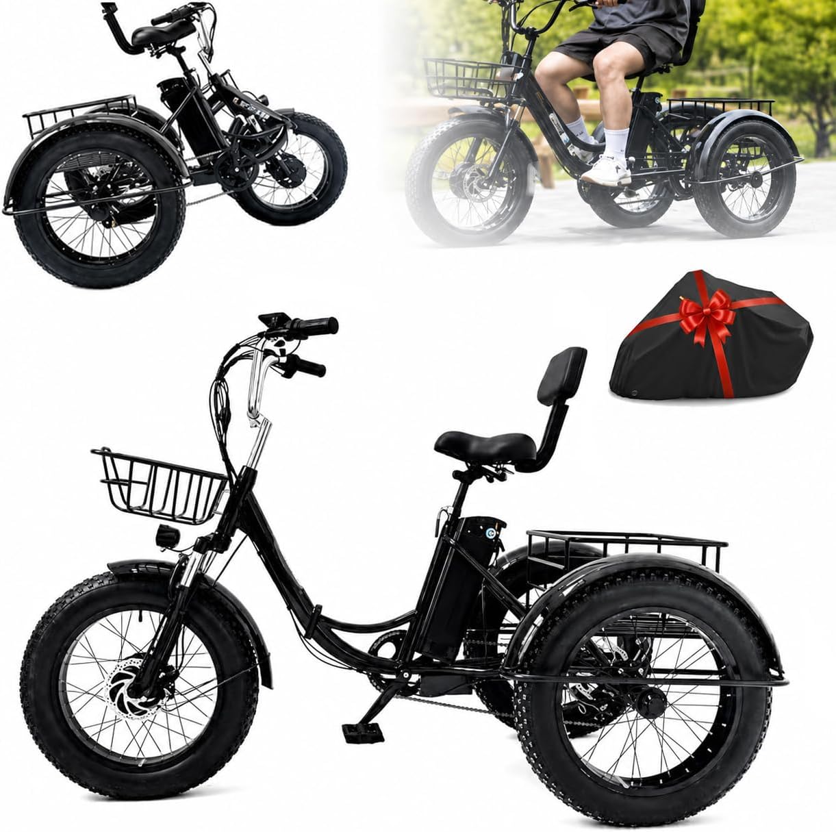 Triciclo Eléctrico Plegable 20'' con Asistencia, Neumáticos Anchos y Cestas