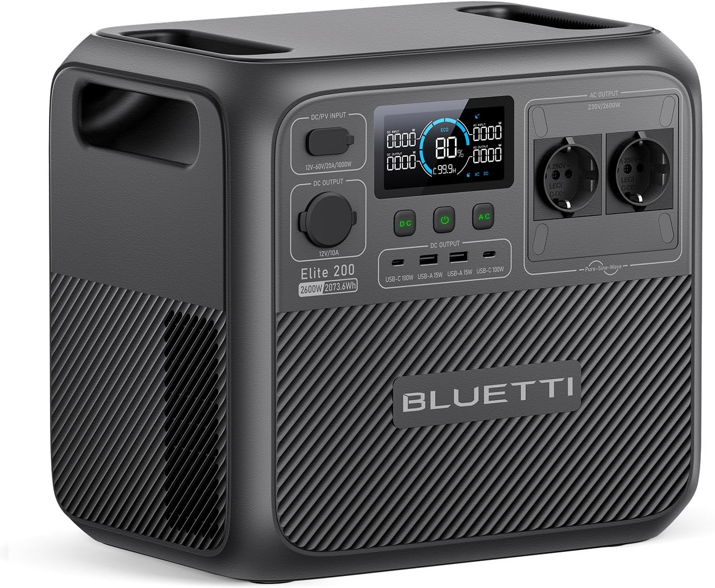 Estación de Energía Portátil BLUETTI Elite 200 V2, 2073,6Wh LiFePO4, 4 Salidas AC 2600W, Carga Rápida en 50 Minutos, Ideal para Camping y Emergencias