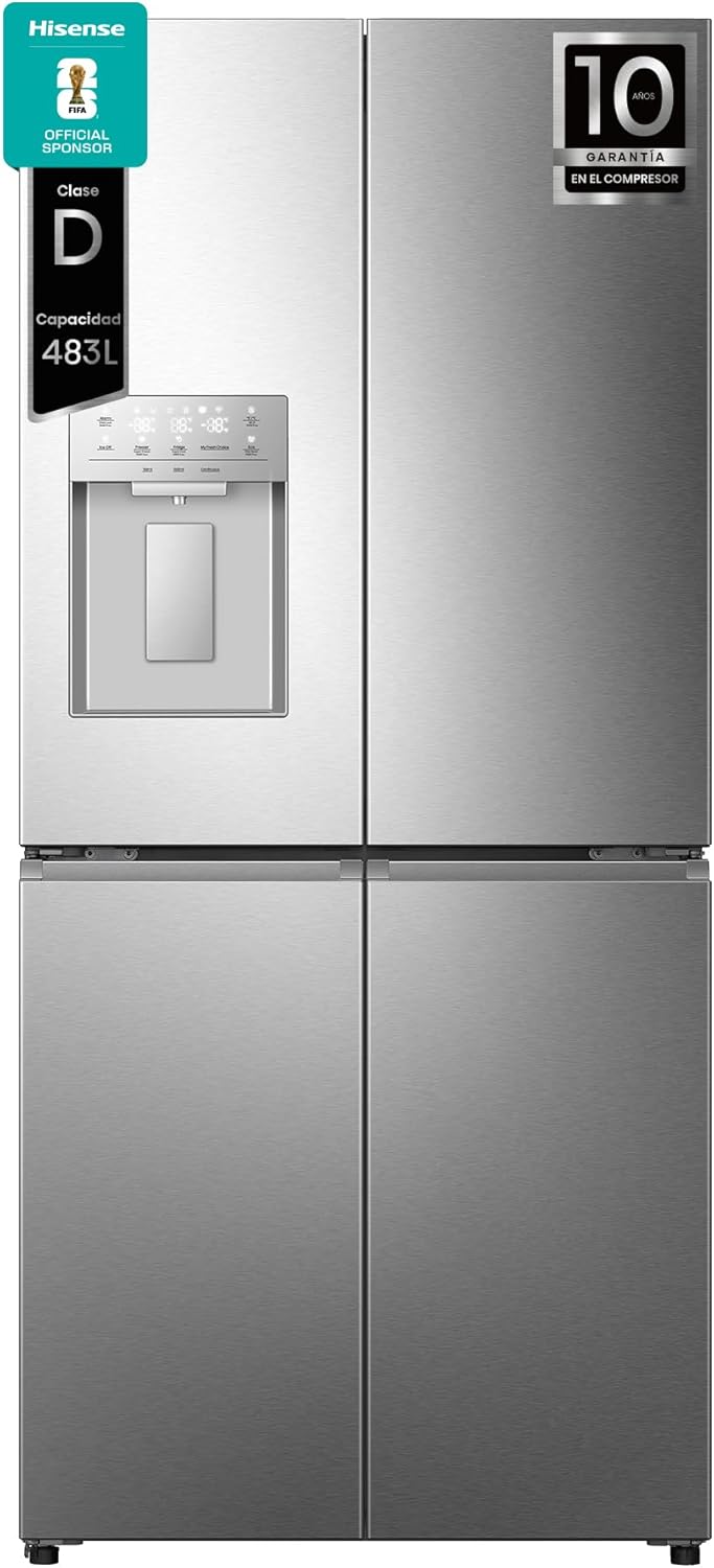 Hisense Frigorífico Americano 4 Puertas, 483L, Inoxidable, Enfriamiento Dual
